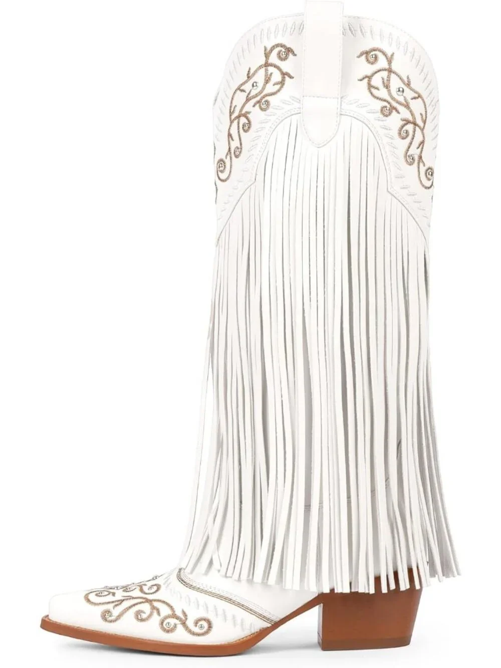 Women's Pure White  Knee High Pointed Toe Fringe Cowboy Mid Block Heel Boots